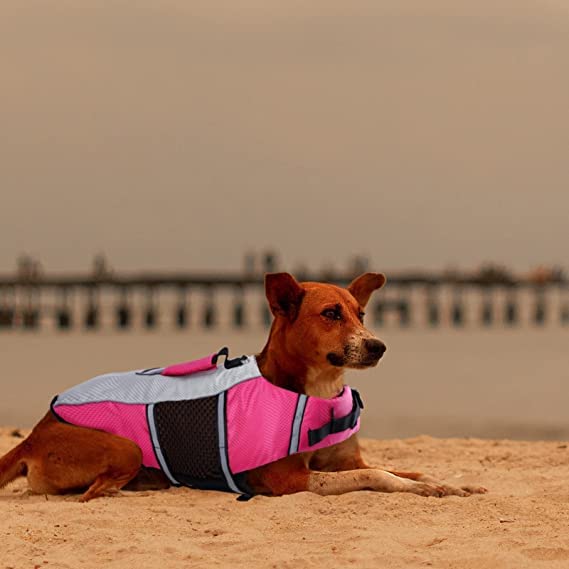 Dog Life Jacket Swimming Vest Lightweight High Reflective Pet Lifesaver With Lift Handle, Leash Ring Pink,M