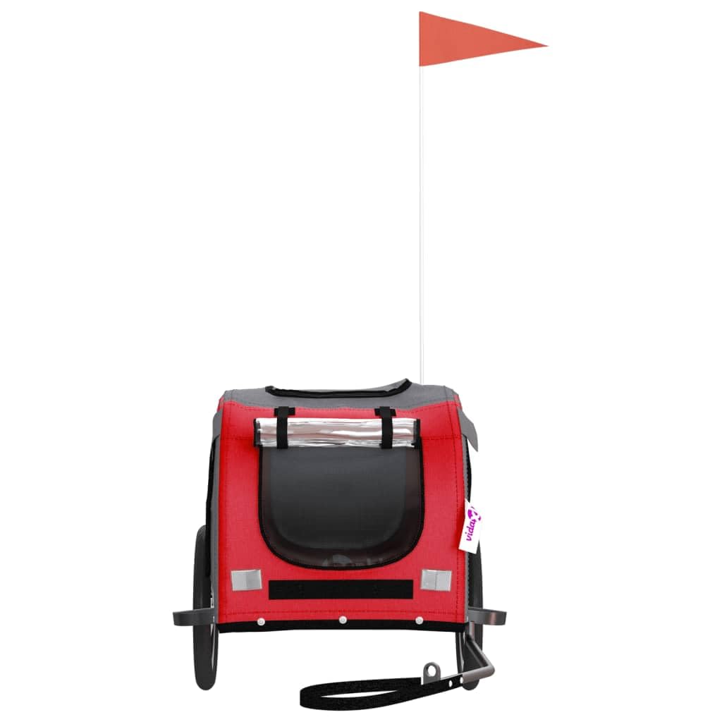 vidaXL Pet Bike Trailer for Small Dogs - Red/Gray Oxford Fabric Bicycle Pet Carrier with Iron Frame, Mesh Windows, Zippered Doors, Safety Flag, and Reflectors - Comfortable and Secure Pet Transport