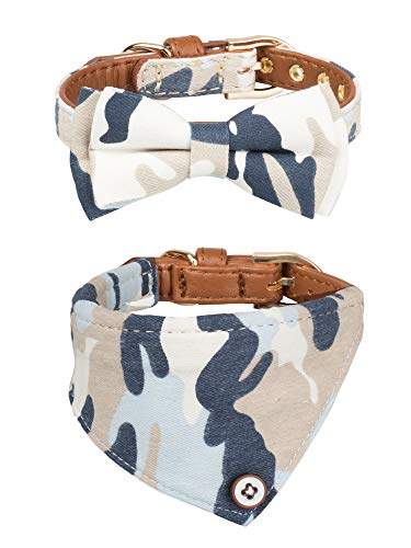 Gyapet Small Dog Collar For Dogs Cat Bow Tie Puppy Kitten Bandana 2Pcs Pu Leather Canvas Scarf Camo Camo-Blue