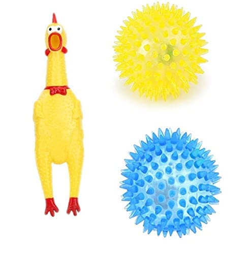 RvPaws Dog Cat Toy Chicken Sound Rubber Screaming Chicken Squeaker Chew Toy and LED Light Bouncy Balls Combo Pack (1 Small Chick