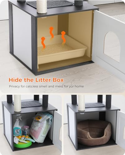 Miomum Tall Cat Tree With Litter Box Enclosure 56.7' Wooden Cat Tower For Large Cats With Cat Hammock House Bed (Wood Black)