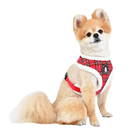 Puppia Blitzen Dog Harness Over-The-Head Warm Winter Christmas Holiday Harness Adjustable Chest For Small And Medium Dog, Checkered Red, Large