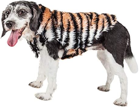 Pet Life  Luxe Tigerbone Glamourous Tiger Patterned Mink Fur Dog Coat Jacket, Golden Brown, Black And White  Medium