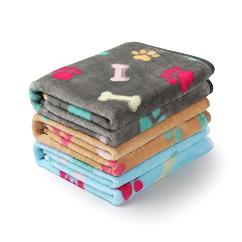 Luciphia 1 Pack 3 Blankets Fluffy Premium Fleece Pet Blanket Flannel Paw Bone Printed Throw For Dog Cat(Small 23X16'', Grey/ Bro