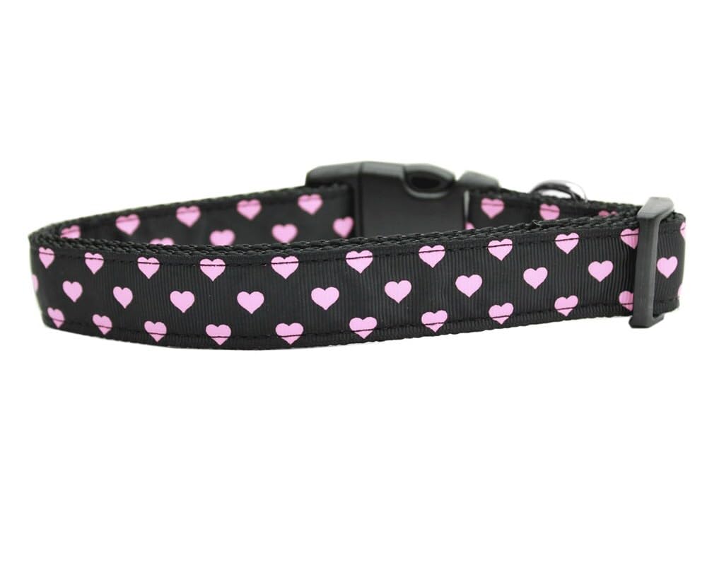 Pet Dog and Cat Nylon Collar or Leash, &quot;Pink & Black Dotty Hearts&quot; XL Collar