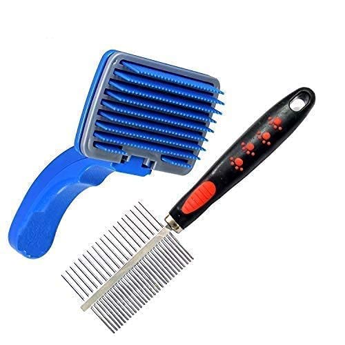 KittuPet Pets Dog Grooming Kit  Plastic Slicker Brush with Press Key and Pet Double Side Comb Suitable for Dog, Puppy, Cat, Ham