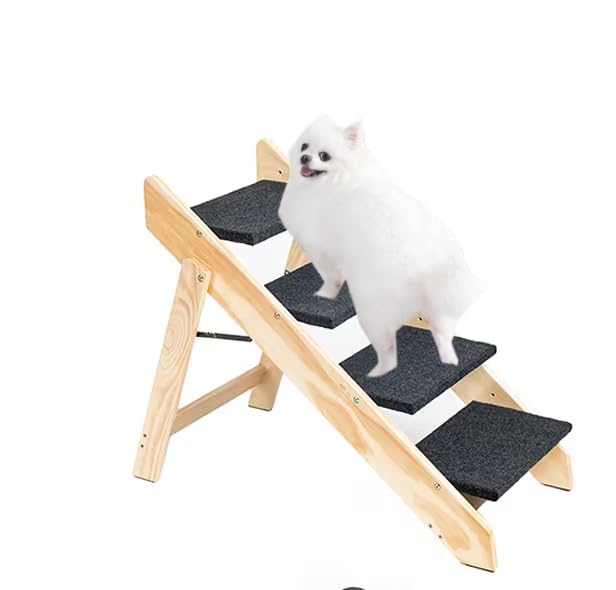 Chicfurnit Wooden Dog Stairs, 4-Level Wooden Pet Steps, Foldable Pet Ladder For High Bed Couch Cars, Non-Slip Pet Stairs For Sma