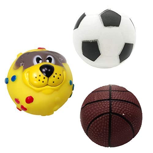 PSK PET MART Combo of 3 Natural Rubber Vinyl Squeaky Toy for Small Puppy/Dogs  1 Basket Ball + 1 Foot Ball + 1 Puppy Face Ball 