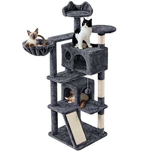 Yaheetech 57 Inches Cat Tree For Indoor Cats, Multi-Level Cat Tower W/ 3 Padded Perches, 2 Cat Condos, 2 Hanging Balls And Scratching Posts, Dark Gray