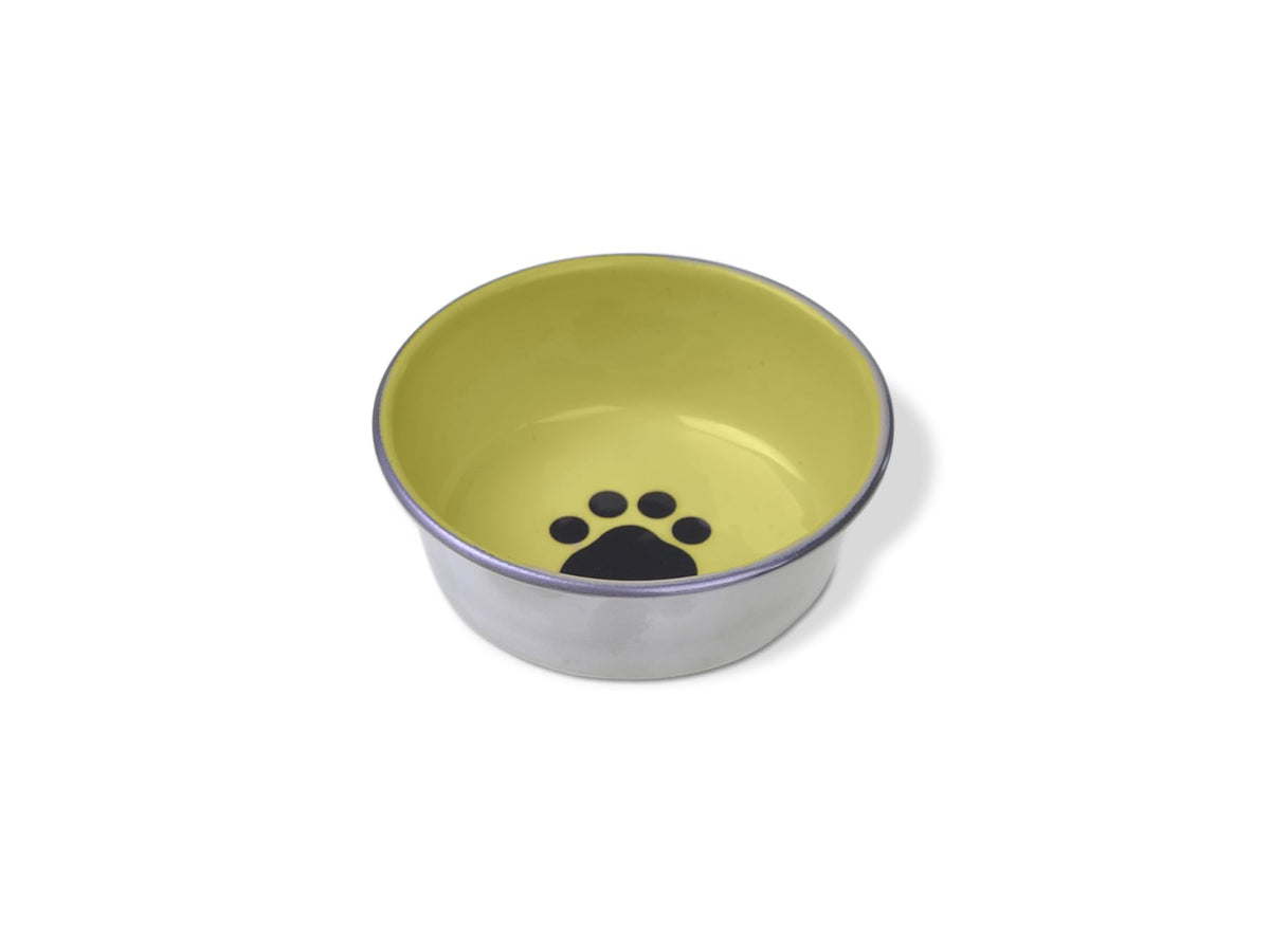 Van Ness Pets Small Stainless Steel Bowl For Cats And Small Dogs, 8 Oz, Pawprint Decoration, Tan