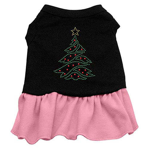 Christmas Pet Dog & Cat Dress Rhinestone, Christmas Tree Black W/Light Pink 3XL (25-35 lbs.)