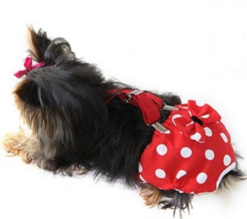 Funnydogclothes Dog Diaper With Suspenders Red Polka Dot Reusable Washable For Small Dog Breeds Female (Large: Waist 16'' - 20''