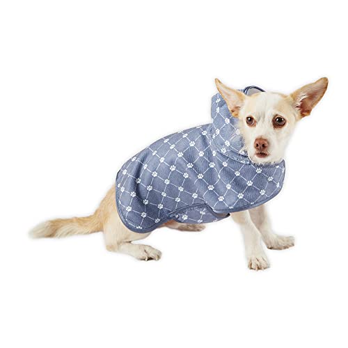 Bone Dry Pet Robe Collection, Trellis Paw Print, Absorbent Microfiber Bath Robe With Adjustable Closure For Dogs & Cats, X-Small, Stonewash Blue