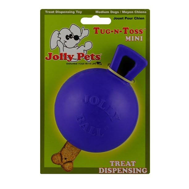 Jolly Pets Tug-N-Toss Heavy Duty Dog Toy Ball With Handle, 3 Inches/Mini, Blue, Model:403 Bl