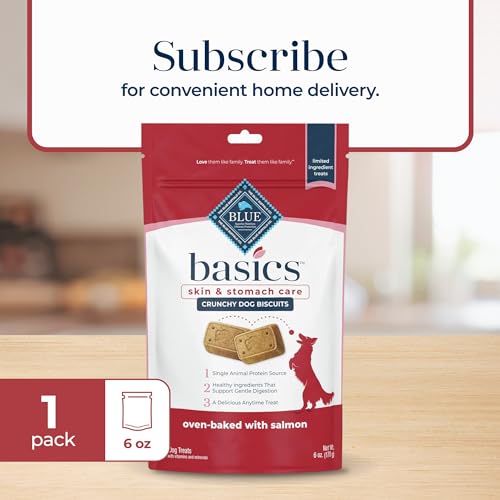 Blue Buffalo Basics Crunchy Dog Biscuits for Skin & Stomach Care, Limited Ingredient Diet Dog Treats, Salmon & Potato Recipe, 6-