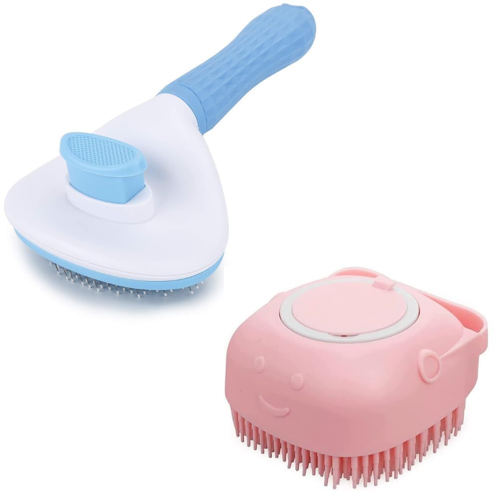 Pet Grooming Set Of 2: Self Cleaning Slicker Brush Removes Loose Fur And Undercoat, Bath Shampoo Brush For Dog & Cat  Pet Massa