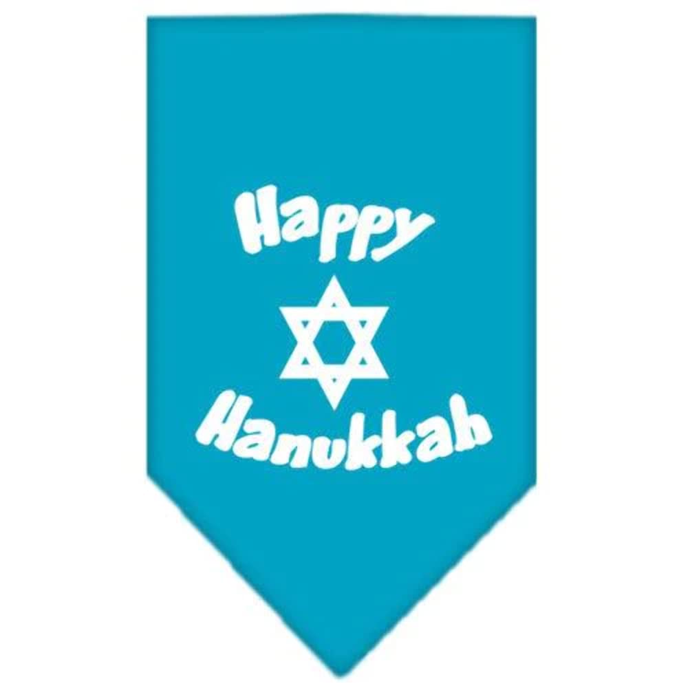 Pet and Dog Bandana Screen Printed, &quot;Happy Hanukkah&quot; Turquoise Small
