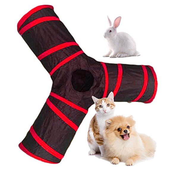 Dog Trust 3 Way Pet Tunnel Toy  Cat Kitten Dog Rabbits Cat Interactive Toy, Foldable Pet Cat Toy With Ball Tunnel (Red)
