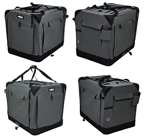 Elitefield 4-Door Folding Soft Dog Crate With Curtains, Carrying Bag And Fleece Bed (2 Year Warranty), Indoor & Outdoor Pet Home (30' L X 21' W X 24' H, Gray+4 Door Curtains)
