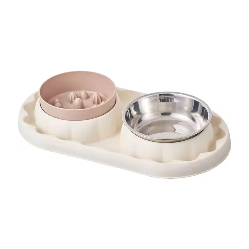 Credly Luxury Dual Pet Feeding Bowl With Stainless Steel Dish & Slow Feeder | NonSlip Food And Water Bowl For Cats & Small Dogs