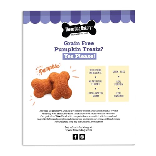 Three Dog Bakery Grain Free Wafers Baked Dog Treats, Pumpkin, 13 oz