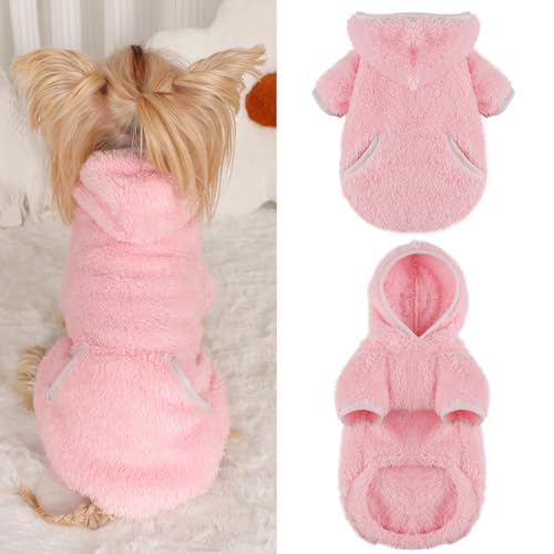 Dog Sweater Hoodie Fleece Warm Fuzzy Velvet Sweaters Winter Clothes For Small Dogs Girl Boy (Pink, Medium)