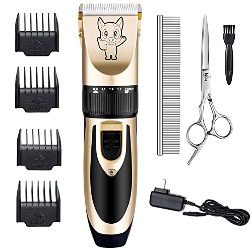 Dog Grooming Kit Clippers, Low Noise, Electric Quiet, Rechargeable, Cordless, Pet Hair Thick Coats Clippers Trimmers Set, Suitable For Dogs, Cats, And Other Pets (Gold)