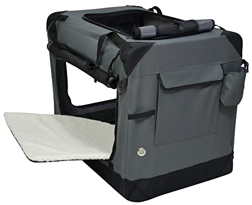 Elitefield 4-Door Folding Soft Dog Crate With Curtains, Carrying Bag And Fleece Bed (2 Year Warranty), Indoor & Outdoor Pet Home (30' L X 21' W X 24' H, Gray+4 Door Curtains)