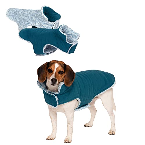 Furhaven Reversible Small Dog Coat, Washable & Insulating W/ Leash Access - Two-Tone Faux Fur & Quilted Fleece Flex-Fit Jacket - Marine Blue, Small