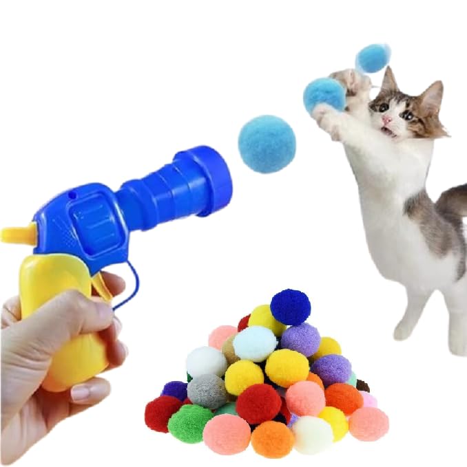 Pawchie Cat Ball Toy Launcher Gun, Cat Balls Fetch Toy, 50Pcs Plush Fuzzy Balls Launcher Cats Toys For Cats With 1 Gun,Funny Int