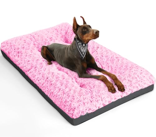 Pocblue Deluxe Washable Xxl Dog Bed Dog Crate Mat 48 Inch Comfy Fluffy Kennel Pad Anti-Slip For Dogs Up To 110 Lbs, 48' X 30', Pink