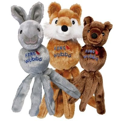 KONG Wubba Friend Dog Toy - Interactive Squeaky Plush with Tugging Tails for Fetch, Chew, and Play - Assorted Character - Fox, B