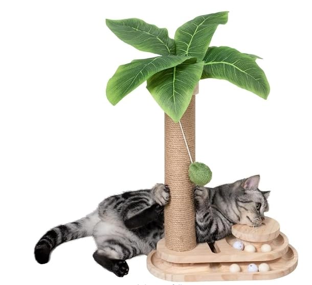 Meowoou Cat Scratching Post Cat Scratcher Interactive Toy with Dangling Ball for Indoor Kitten 2 Layer Base Wooden Ball Track 17