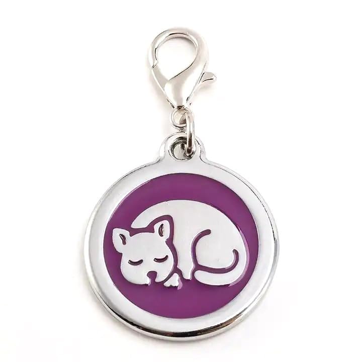 Coolliant Personalized Pet Id Tags With Lobster Claw Clasp - Small Cat Tags (Sleeping-Round-Small: Purple)