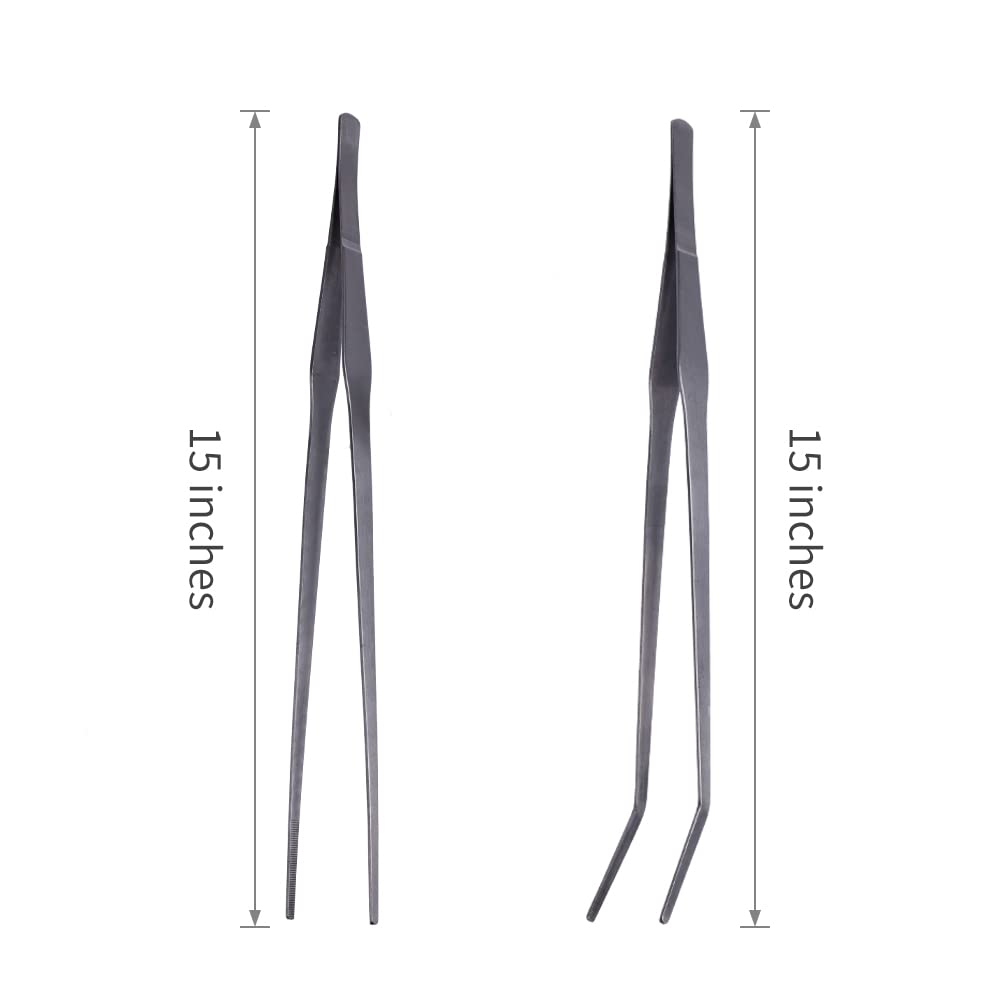 Firesteed Extra Long Handle Aquarium Tweezers Serving Tongs Feed Clamp,2 Pack Stainless Steel Straight And Curved Tweezers Set For Fish Tank Plants Reptile Feeding Tongs(15 Inchs)
