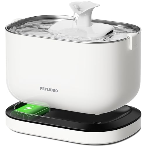 PETLIBRO Cordless Cat Water Fountain, 2.5L Rechargeable Wireless Dispenser, Quiet Pump, Stainless Steel Tray, BPA-Free, White