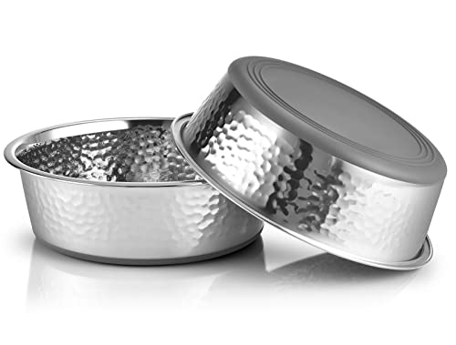 URBUDDIES 2 Pack Hammered Stainless Steel Dog Bowls, Premium Metal Dog Bowls with Non Slip Rubber Bottom, Dishwasher Safe, Easy 