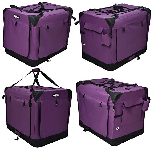 Elitefield 4-Door Folding Soft Dog Crate With Curtains, Carrying Bag And Fleece Bed (2 Year Warranty), Indoor & Outdoor Pet Home (30' L X 21' W X 24' H, Purple+4 Door Curtains)