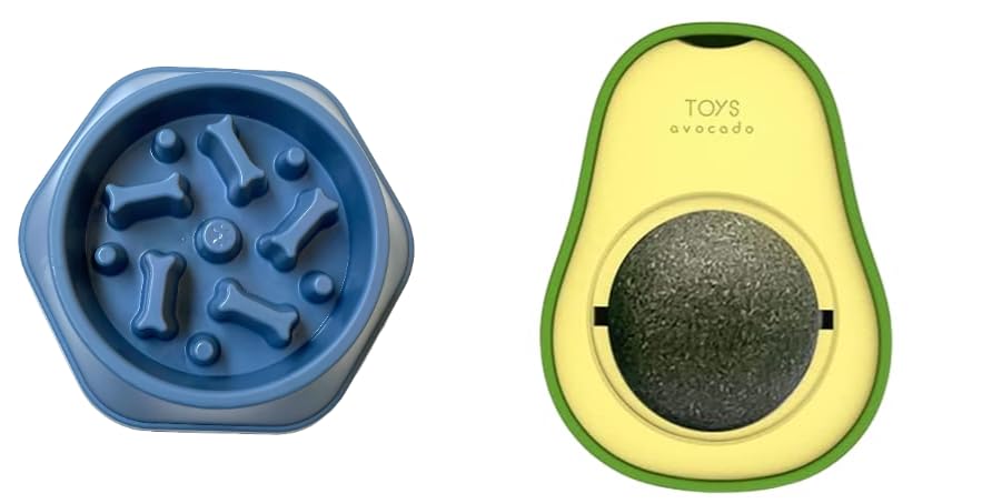 Urban Pet Gallery Pet Bowl, Feeding Bowl, Dog Bowl, Slow Eating Bowl For Dogs And Cats, Non Slip (Blue) And Catnip Wall Toy, Rot