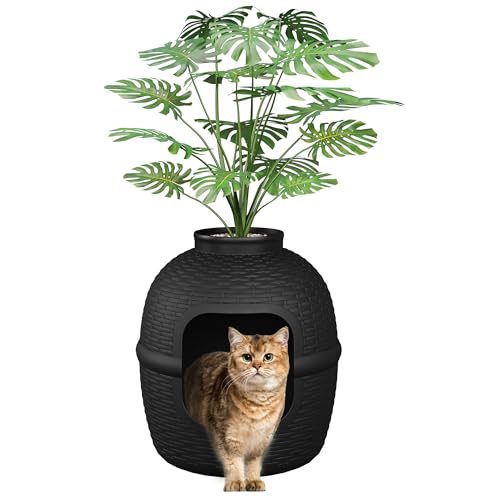 Hidden Litter Box With Faux Plant, Large Cat Litter Box With Rattan Pattern, Heavy Duty Pp Material Litter Box Enclosure Furnitu