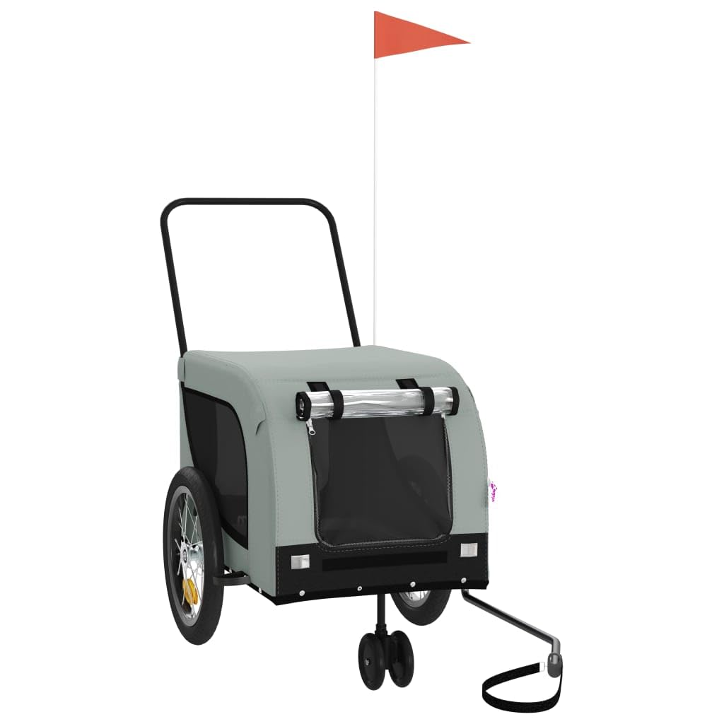 vidaXL Pet Bike Trailer - Grey/Black Oxford Fabric/Iron - 3 Wheels - Zippered Doors - Reflectors & Flag for Safety - 99.2 lb Capacity