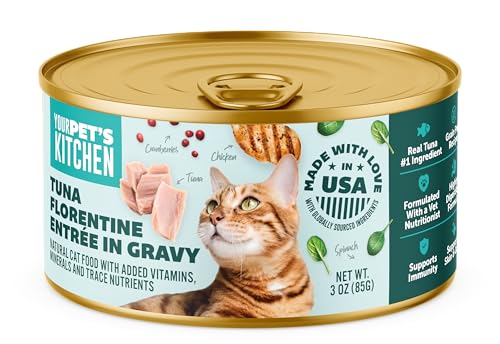Your Pets Kitchen Canned Wet Cat Food, Tuna Florentine Entr  e in Gravy - 3 oz Cans (Pack of 24), Made in The USA with Real Tun