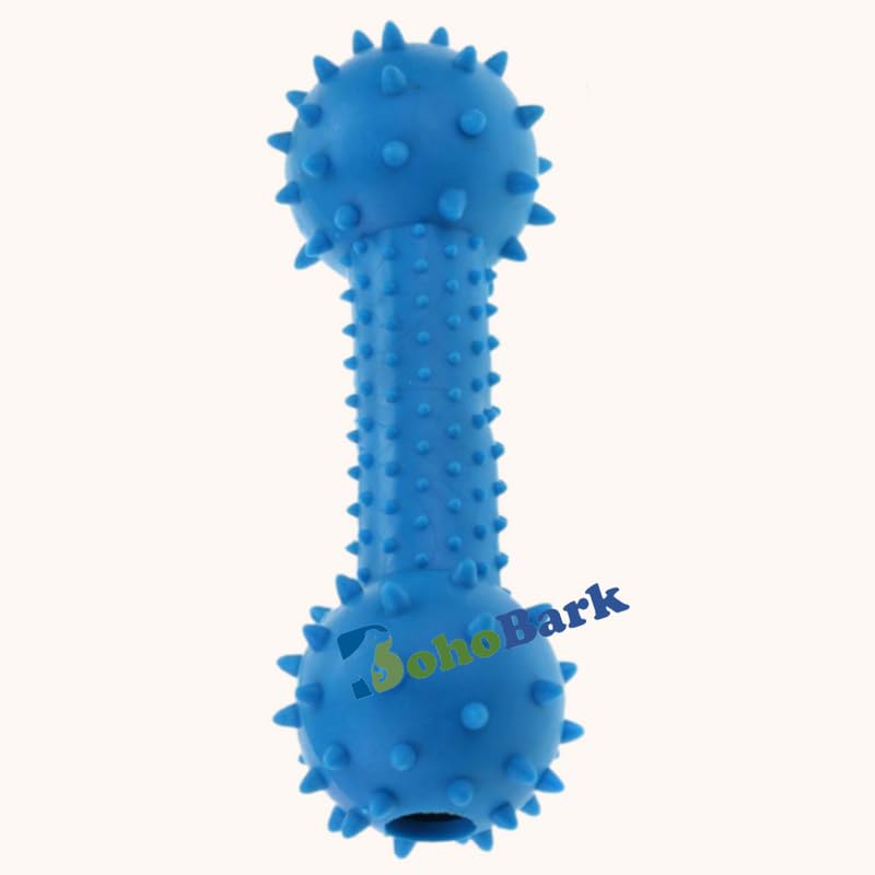Bohobark 100% Non Toxic Rubber Flavored Puppy Toy Soft Spike Dumbbell With Bell Chew Toy Teething Toy (Soft Spike Dumbbell,(Blue