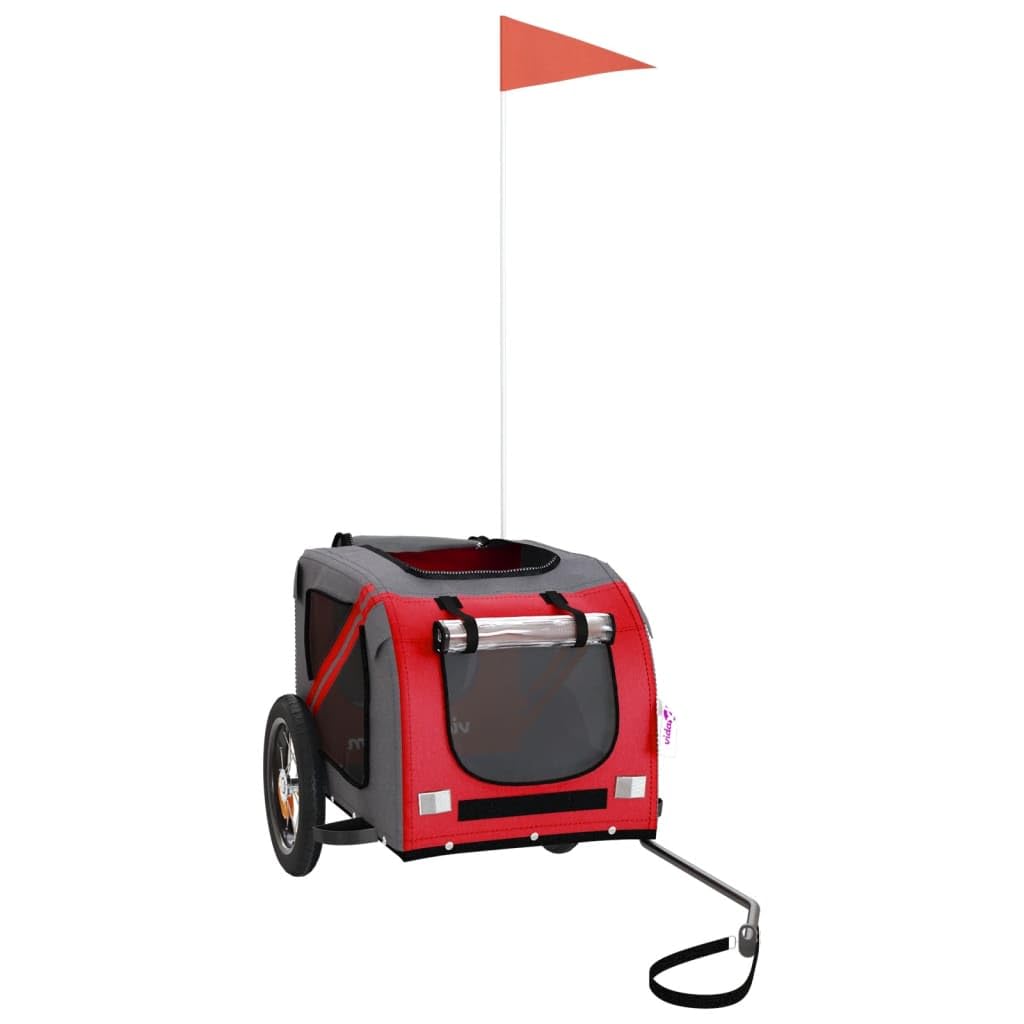 vidaXL Pet Bike Trailer for Small Dogs, Red/Grey - Oxford Fabric Cargo Carrier with Iron Frame, PVC Cover, Air Vents, Reflectors, & Safety Flag, 48.8x20.9x20.9 in