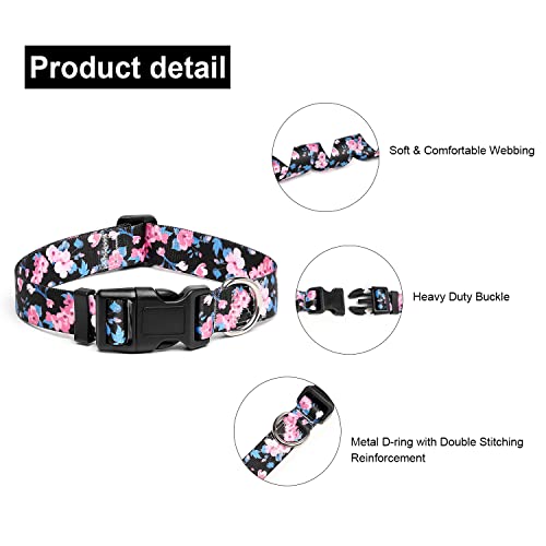 Suredoo Adjustable Dog Collar With Patterns, Ultra Comfy Soft Nylon Breathable Pet Collar For Small Medium Large Dogs (M, Pink Blue Flower)