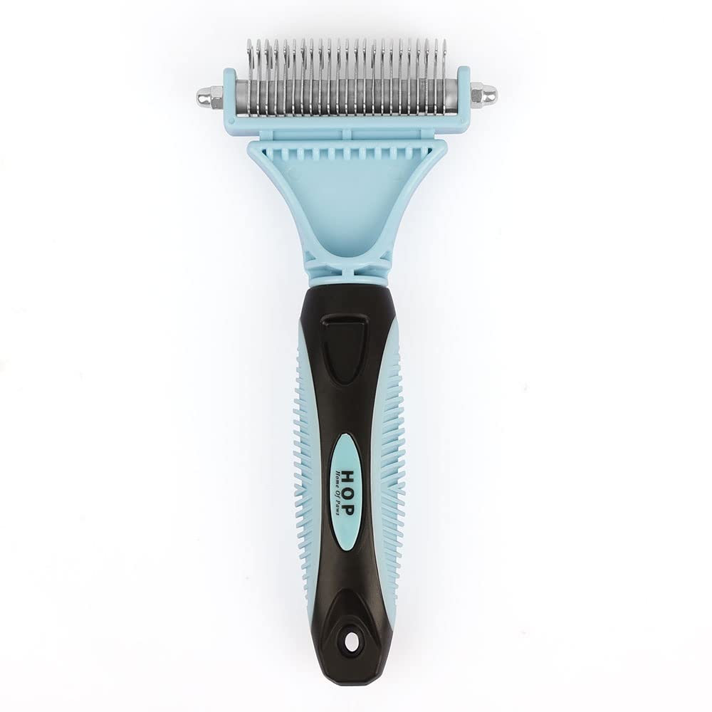 Hop 2 Sided Pet Grooming & Deshedding Brush Undercoat Rake For Cats & Dogs Safe Dematting Comb For Mats Tangles Removing Home Of Paws