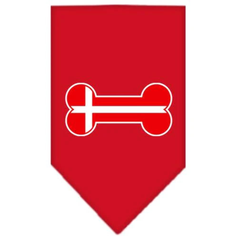 Pet and Dog Bandana Screen Printed, &quot;Bone Shaped Denmark Flag&quot; Red Large