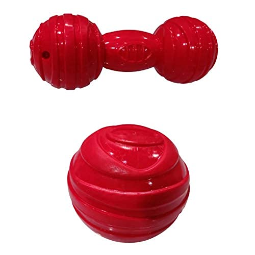 Woofy Dog Rubber Chew Toy Combo  Red Dumbbell & Ball | Durable Squeaky Chew Toys for Puppies & Dogs | Teething, Training & Inte