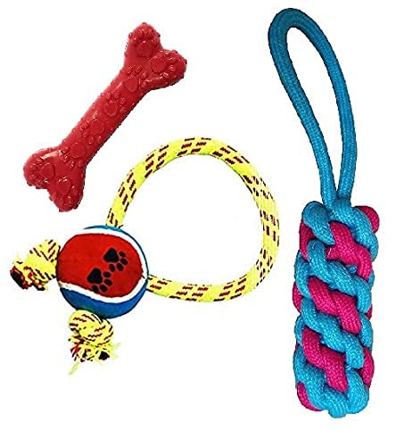 Rvpaws Combo Of 3 Durable Cotton + Rubber Toys Pet Teething Cleaning Chewing Biting Knotted Chew Toys For Small Puppy 100% Natu