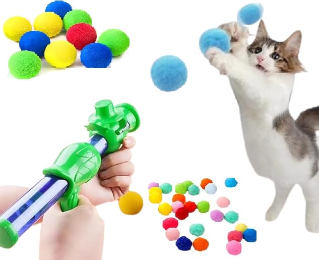 Pawchie 14Pcs Cat Toy Launcher Gun Cat Pom Balls Low Noise Interactive Cats Ball Launcher Gun 13Pcs Colorful Silent Plush Pom Ba
